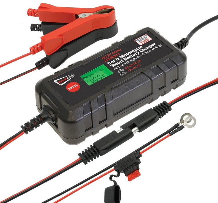 Streetwize 4amp 6/12v Smart Battery Charger With Clamps & O Ring