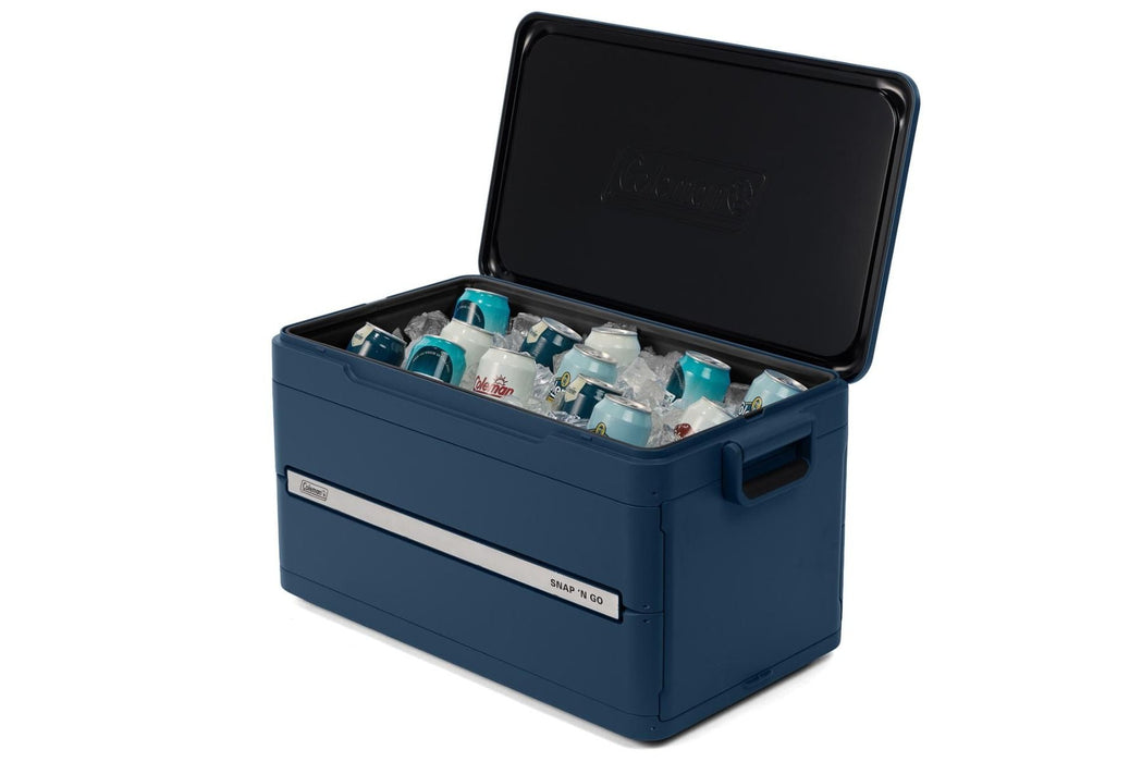 Blue cooler box with black lid containing bottles on a white background